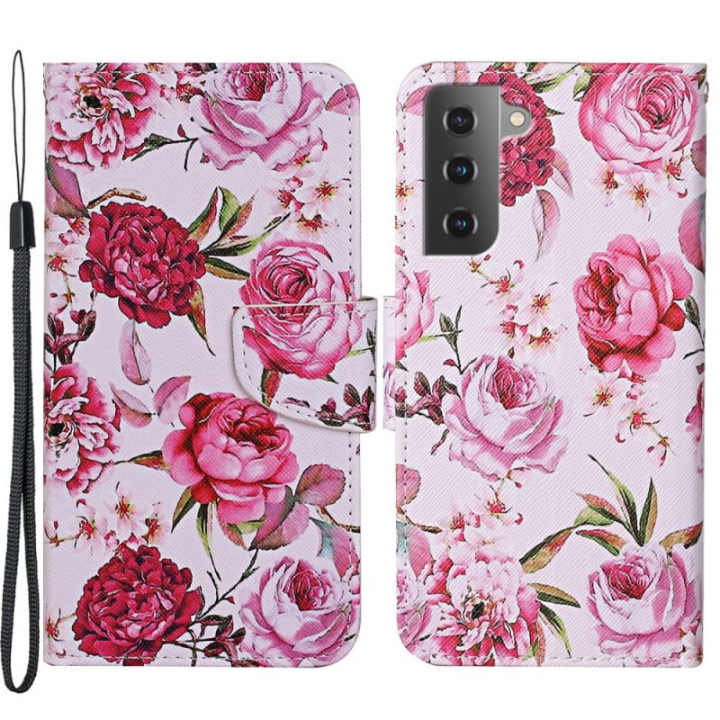 Housse Samsung Galaxy S22 Plus 5G Fleurs Magistrales avec Lanière