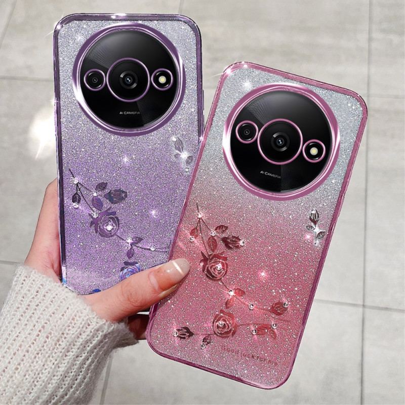 Coque Xiaomi Redmi A3 / Poco C61 Fleurs et Strass à Lanière KADEM