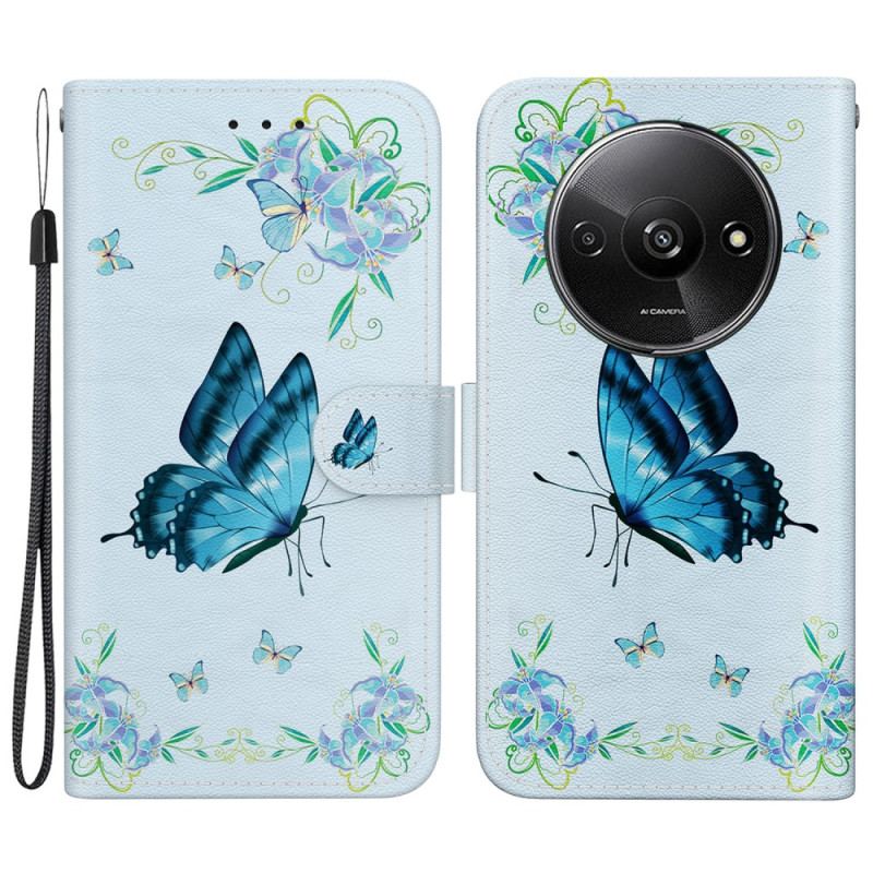 Housse Xiaomi Redmi A3 / Poco C61 Papillon Bleu et Fleurs à Lanière