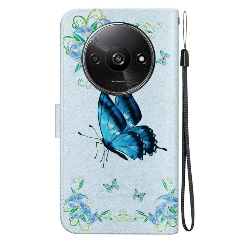 Housse Xiaomi Redmi A3 / Poco C61 Papillon Bleu et Fleurs à Lanière