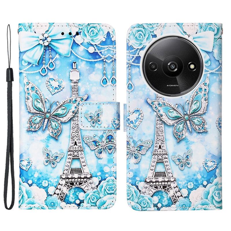 Housse Xiaomi Redmi A3 / Poco C61 Tour Eiffel et Papillons à Lanière