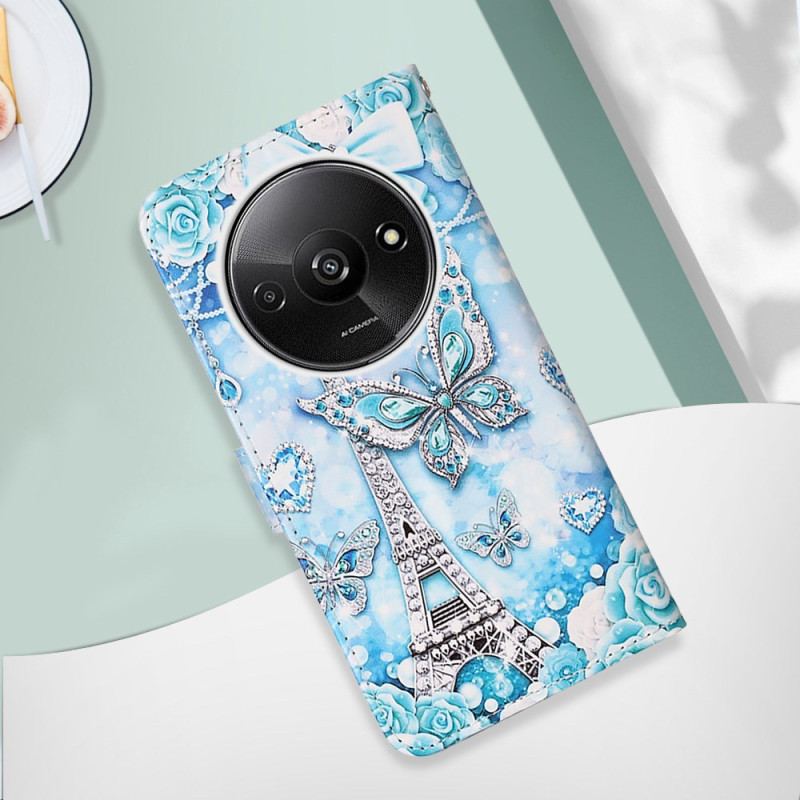 Housse Xiaomi Redmi A3 / Poco C61 Tour Eiffel et Papillons à Lanière