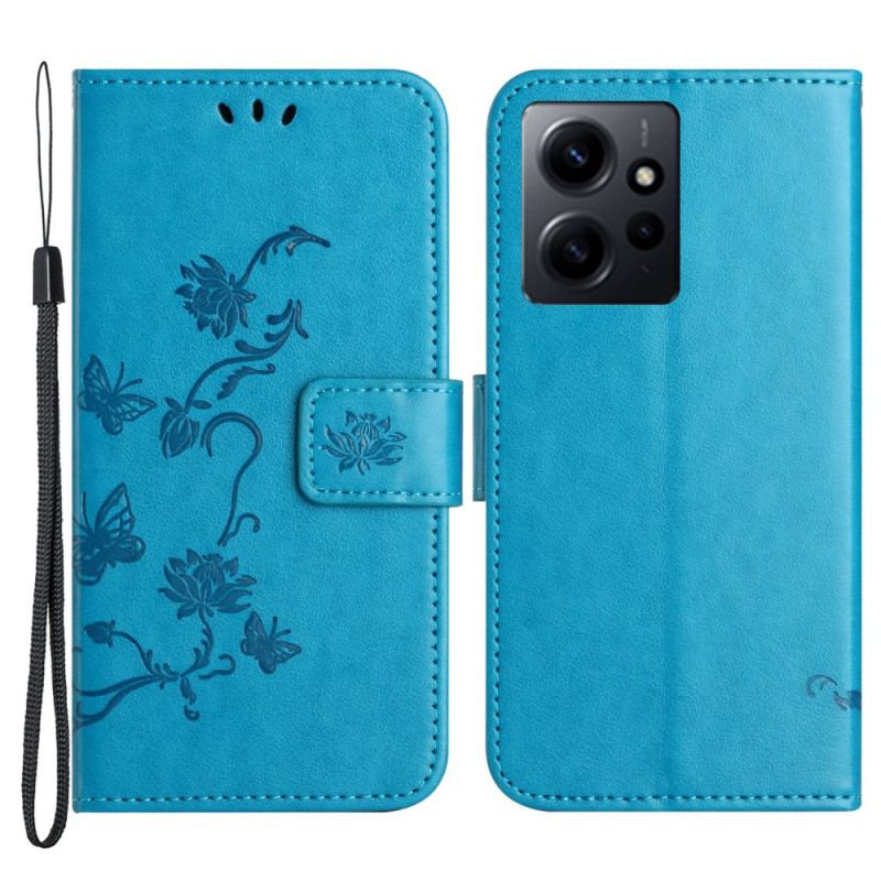 Housse Xiaomi Redmi Note 12 4G Fleurs et Papillons à Lanière