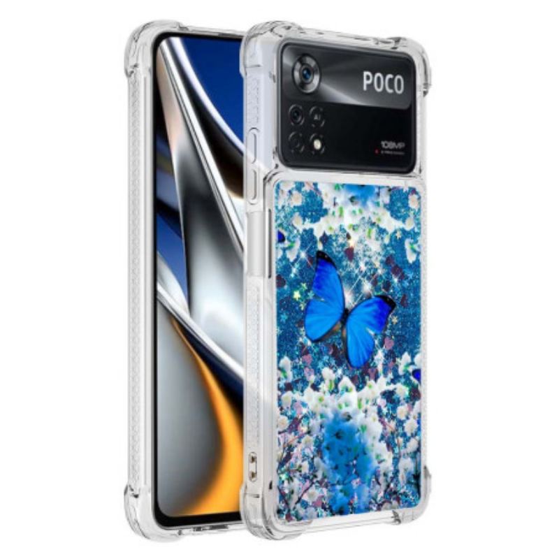 Coque Poco X4 Pro 5G Papillons Bleus Paillettes