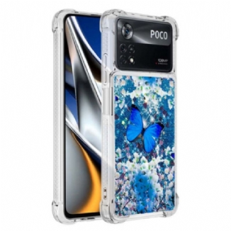 Coque Poco X4 Pro 5G Papillons Bleus Paillettes