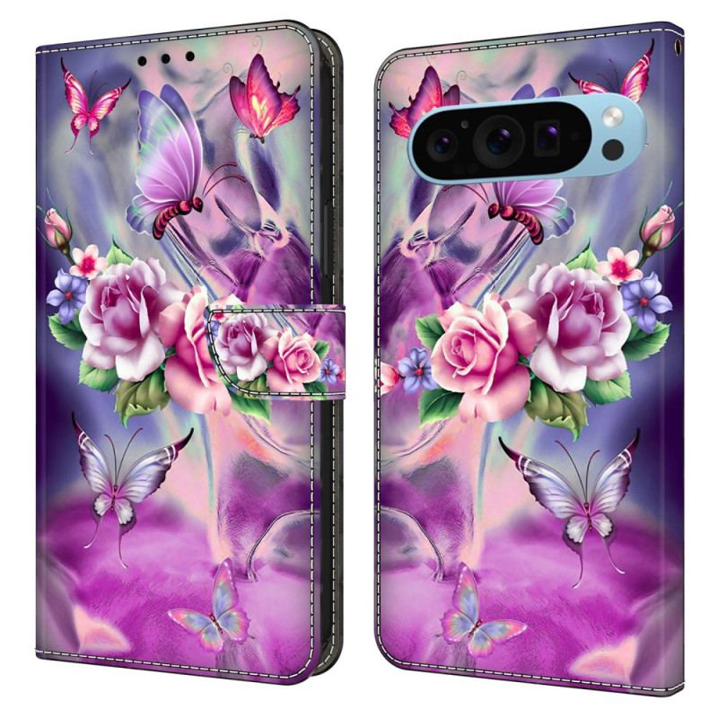 Housse Google Pixel 9 / Pixel 9 Pro Papillons et Fleurs Violet