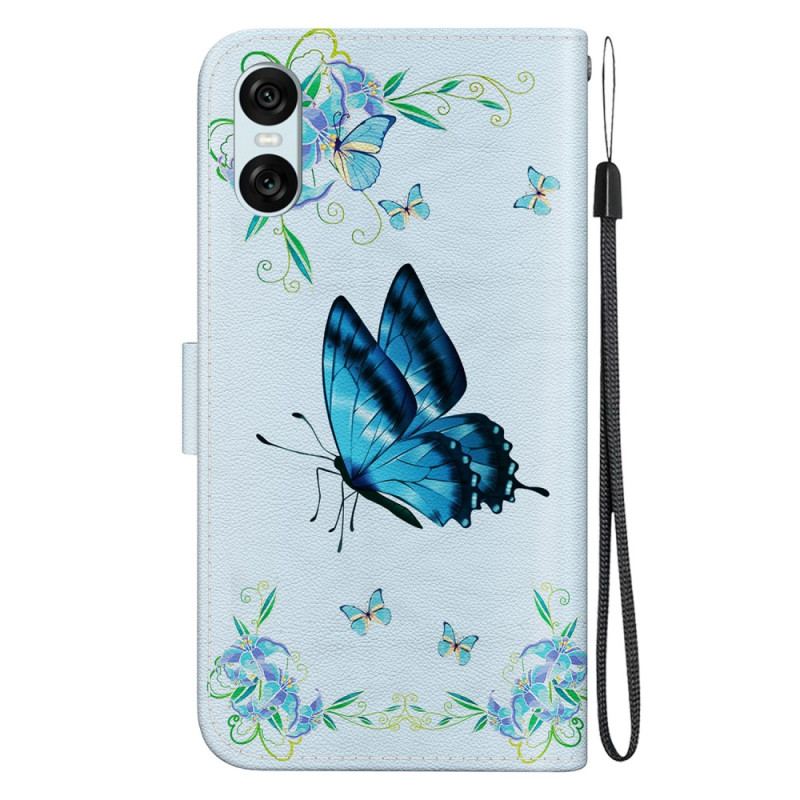 Housse Sony Xperia 10 VI Papillon Bleu et Fleurs à Lanière