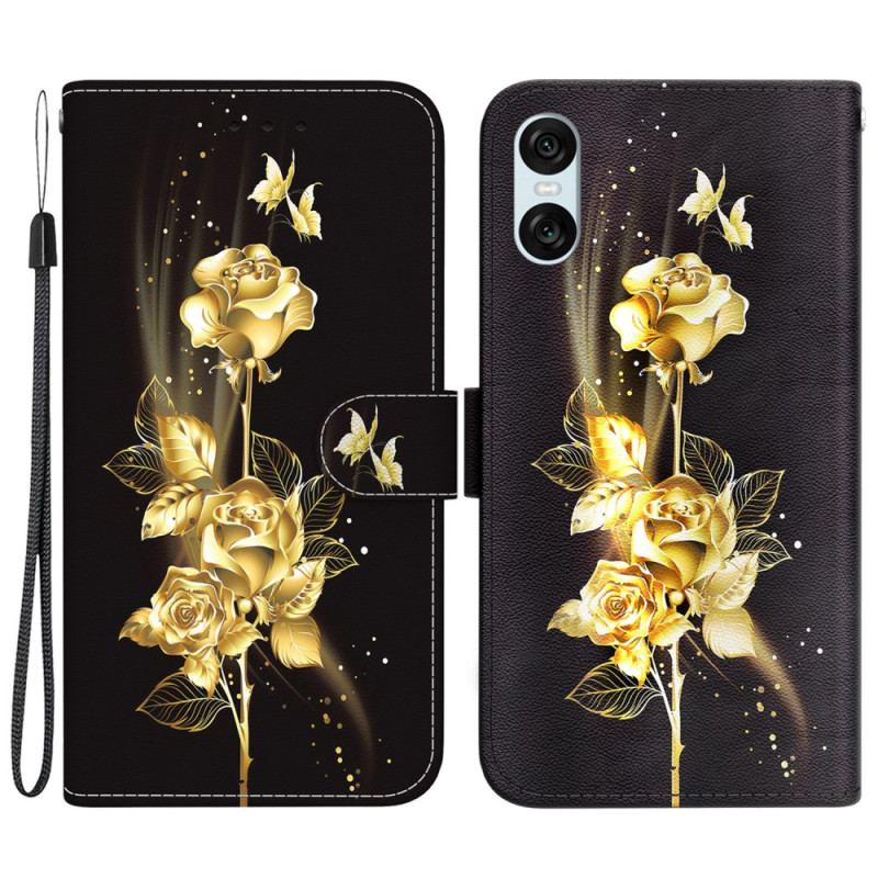 Housse Sony Xperia 10 VI Papillons Dorés et Roses à Lanière