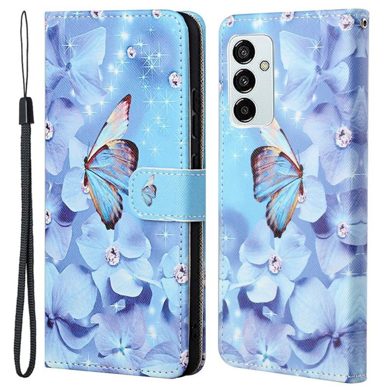 Housse Samsung Galaxy M23 5G Papillons Diamants à Lanière