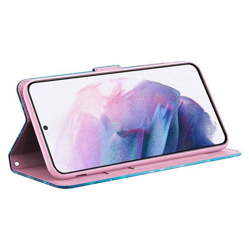 Housse Samsung Galaxy A15 Papillons Bleus en Vol à Lanière