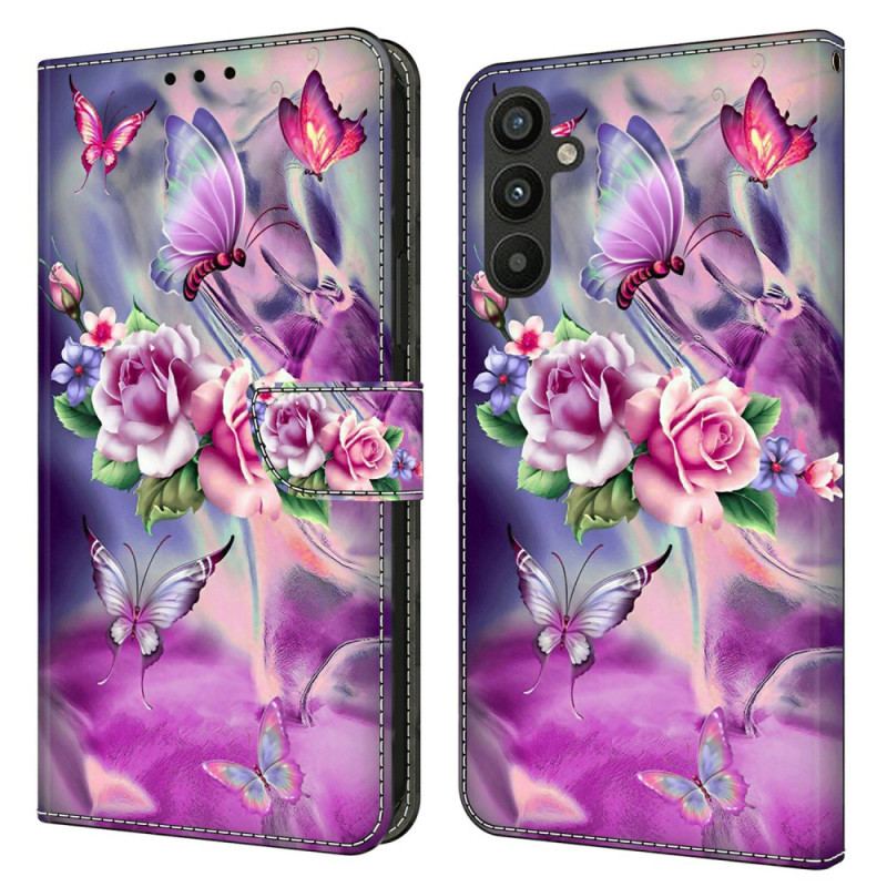 Housse Samsung Galaxy A15 Papillons et Fleurs Violets