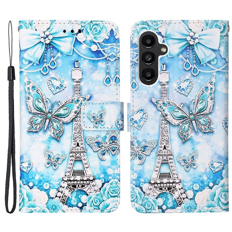 Housse Samsung Galaxy A15 Tour Eiffel et Papillons à Lanière