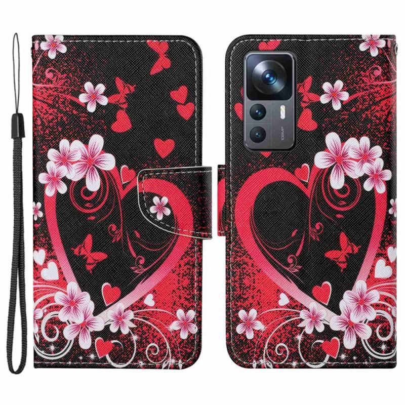 Housse Xiaomi 12T / 12T Pro Fleurs et Coeurs avec Lanière