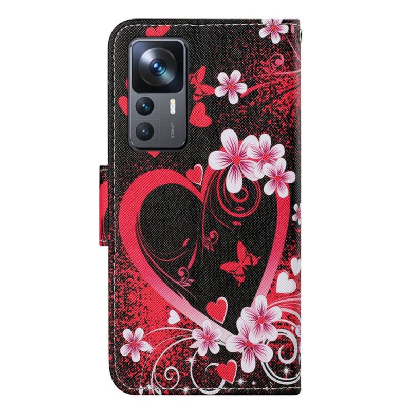 Housse Xiaomi 12T / 12T Pro Fleurs et Coeurs avec Lanière