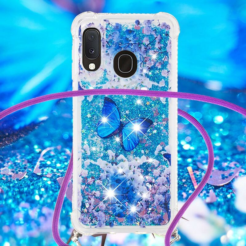 Coque Samsung Galaxy A20e à Cordon Paillettes Papillons