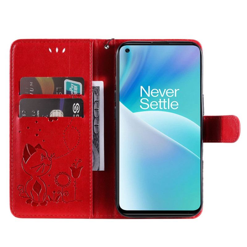 Housse OnePlus Nord 2T 5G Chat et Abeille avec Porte-Cartes à Lanière