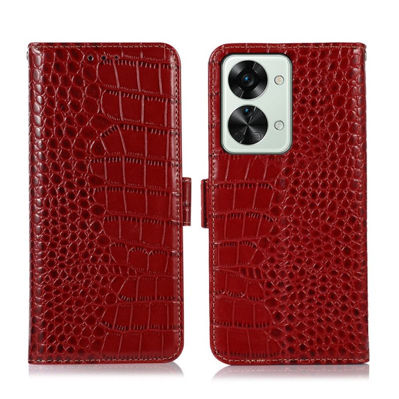 Housse OnePlus Nord 2T 5G Cuir Véritable Style Crocodile RFID