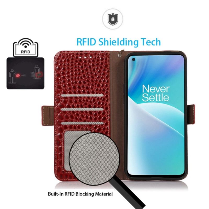 Housse OnePlus Nord 2T 5G Cuir Véritable Style Crocodile RFID