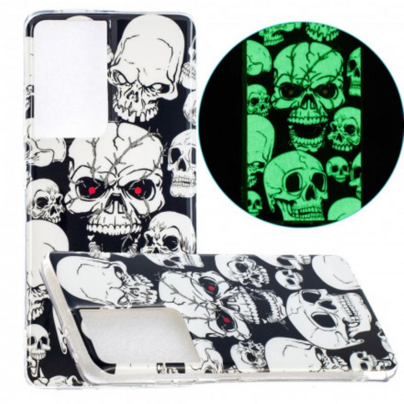 Coque Samsung Galaxy S21 Ultra 5G Attention Têtes de Mort Fluorescente