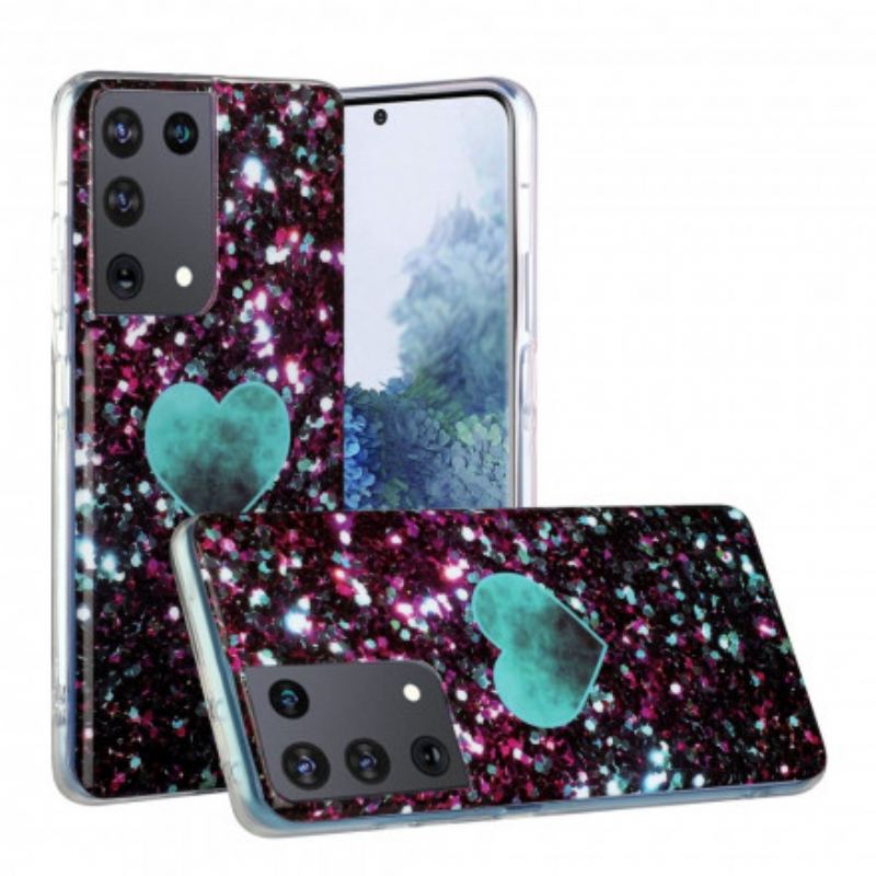 Coque Samsung Galaxy S21 Ultra 5G Coeur Marbre Paillettes