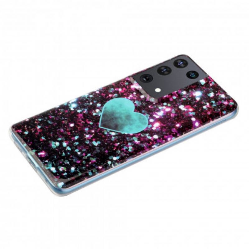 Coque Samsung Galaxy S21 Ultra 5G Coeur Marbre Paillettes