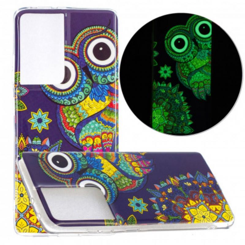 Coque Samsung Galaxy S21 Ultra 5G Hibou Mandala Fluorescente