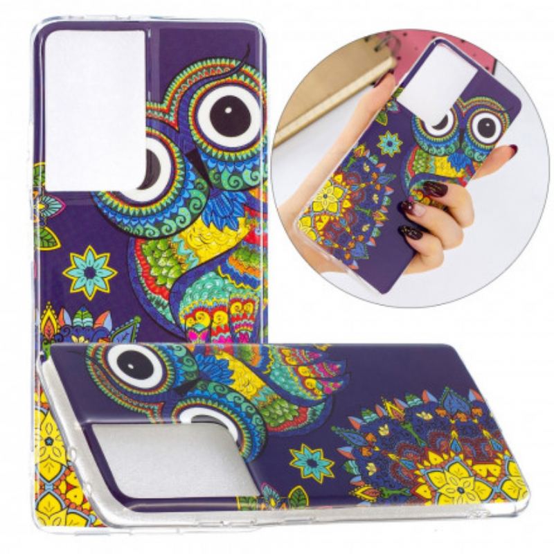 Coque Samsung Galaxy S21 Ultra 5G Hibou Mandala Fluorescente