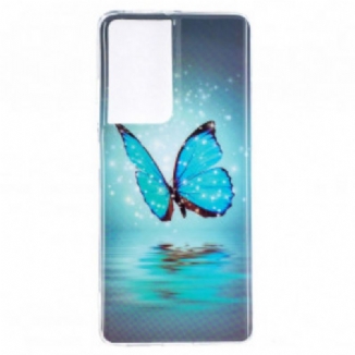 Coque Samsung Galaxy S21 Ultra 5G Papillon Bleu Fluorescente