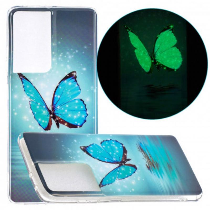 Coque Samsung Galaxy S21 Ultra 5G Papillon Bleu Fluorescente