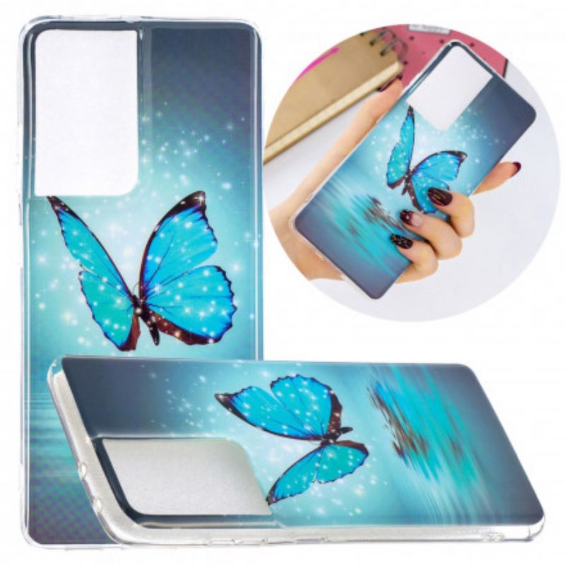 Coque Samsung Galaxy S21 Ultra 5G Papillon Bleu Fluorescente