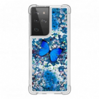 Coque Samsung Galaxy S21 Ultra 5G Papillons Bleus Paillettes