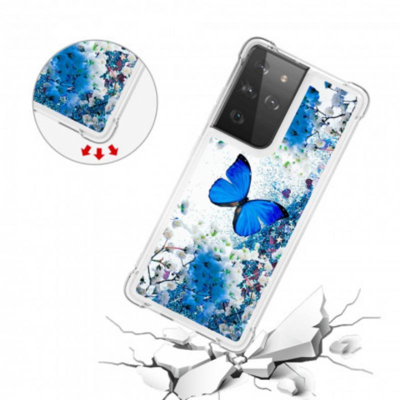 Coque Samsung Galaxy S21 Ultra 5G Papillons Bleus Paillettes