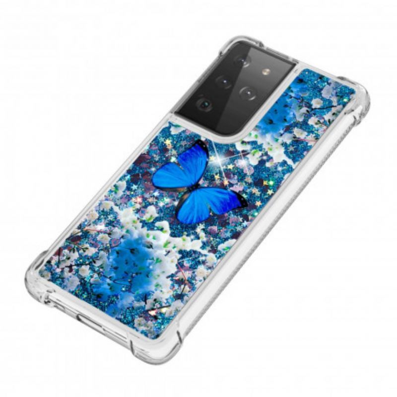 Coque Samsung Galaxy S21 Ultra 5G Papillons Bleus Paillettes