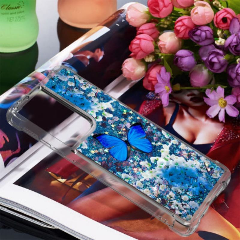 Coque Samsung Galaxy S21 Ultra 5G Papillons Bleus Paillettes