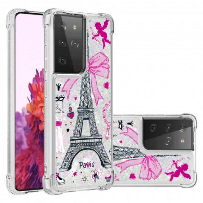 Coque Samsung Galaxy S21 Ultra 5G La Tour Eiffel Paillettes