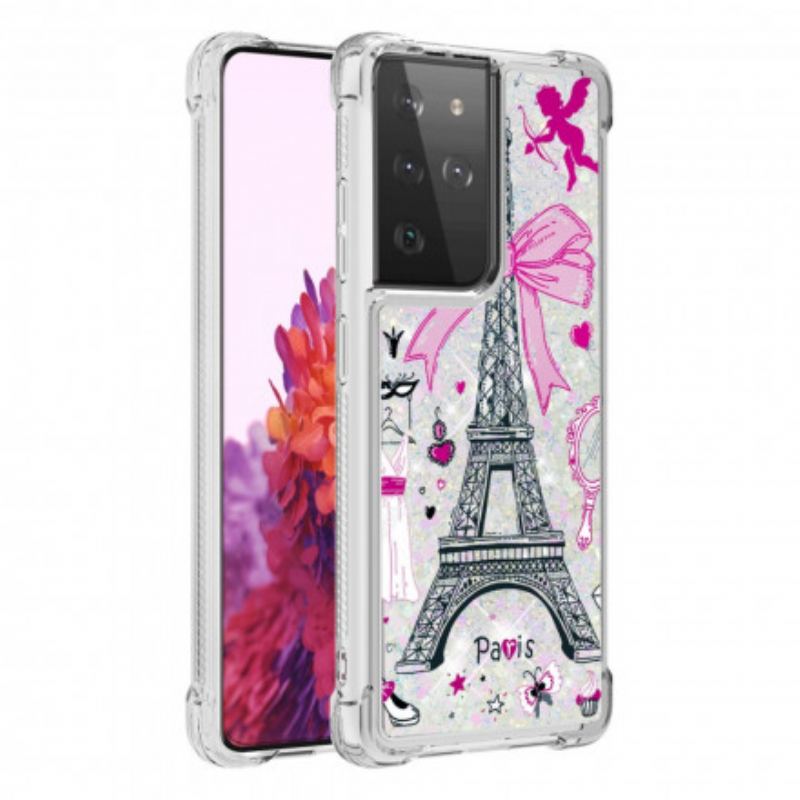 Coque Samsung Galaxy S21 Ultra 5G La Tour Eiffel Paillettes