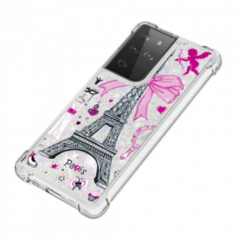 Coque Samsung Galaxy S21 Ultra 5G La Tour Eiffel Paillettes