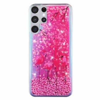 Coque Samsung Galaxy S22 Ultra 5G Paillettes Flamants Roses