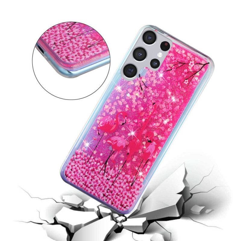 Coque Samsung Galaxy S22 Ultra 5G Paillettes Flamants Roses