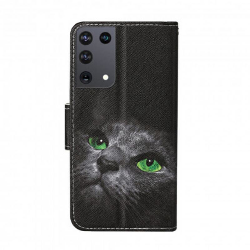 Housse Samsung Galaxy S21 Ultra 5G Chat aux Yeux Verts avec Lanière