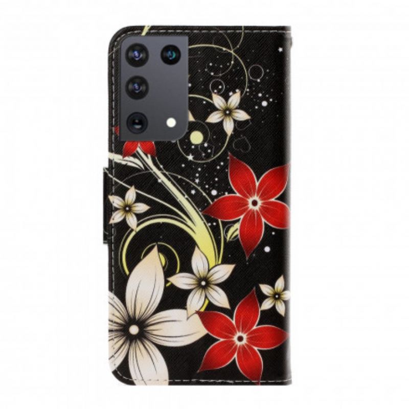 Housse Samsung Galaxy S21 Ultra 5G Fleurs Colorées à Lanière