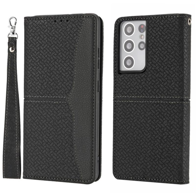 Housse Samsung Galaxy S21 Ultra 5G Style Cuir Tissée à Lanière