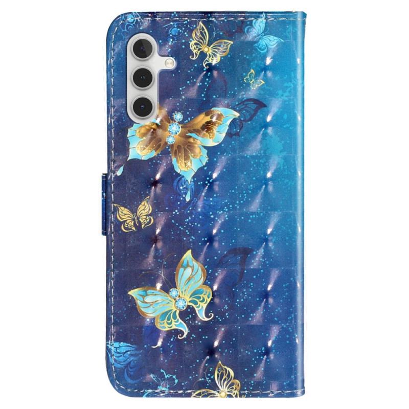 Housse Samsung Galaxy A14 5G / A14 Papillons Dorés à Lanière