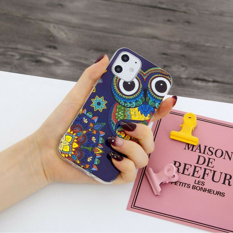 Coque iPhone 12 Mini Hibou Mandala Fluorescente