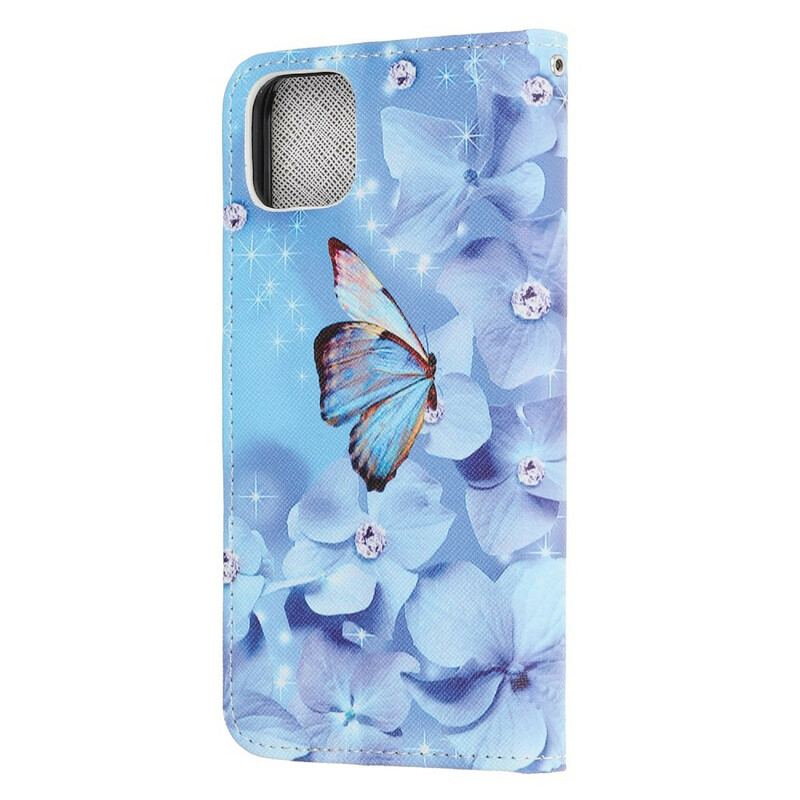 Housse iPhone 12 Mini Papillons Diamants à Lanière