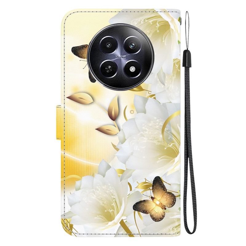 Housse Realme 12 5G / 12X 5G Papillons Dorés et Fleurs à lanière