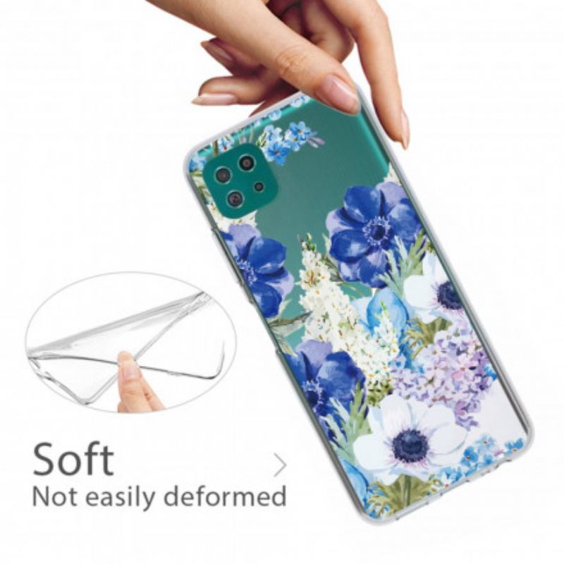 Coque Samsung Galaxy A22 5G Transparente Fleurs Bleues Aquarelle