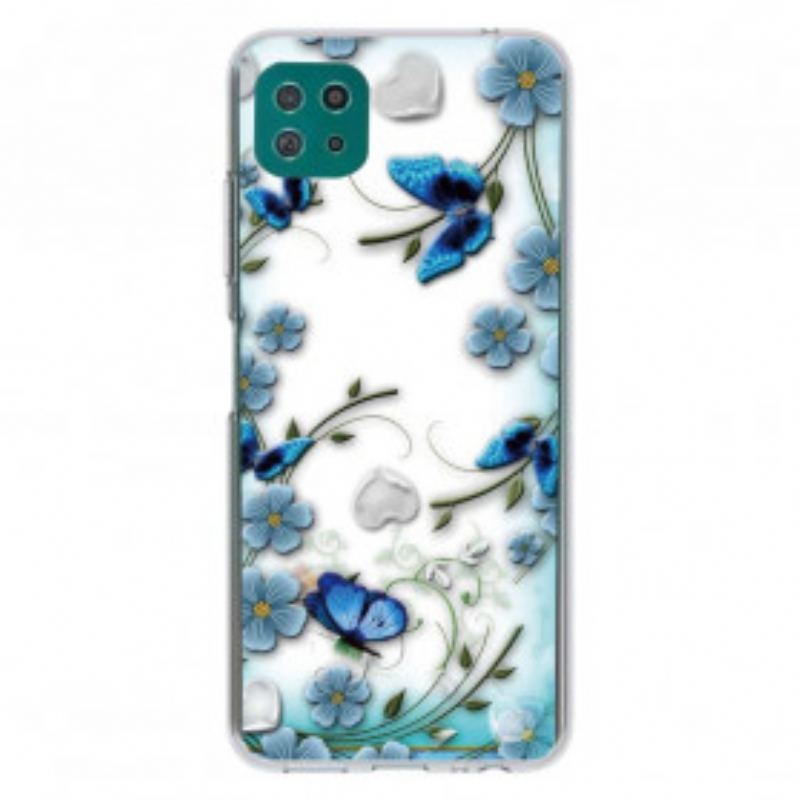 Coque Samsung Galaxy A22 5G Transparente Papillons et Fleurs Rétros