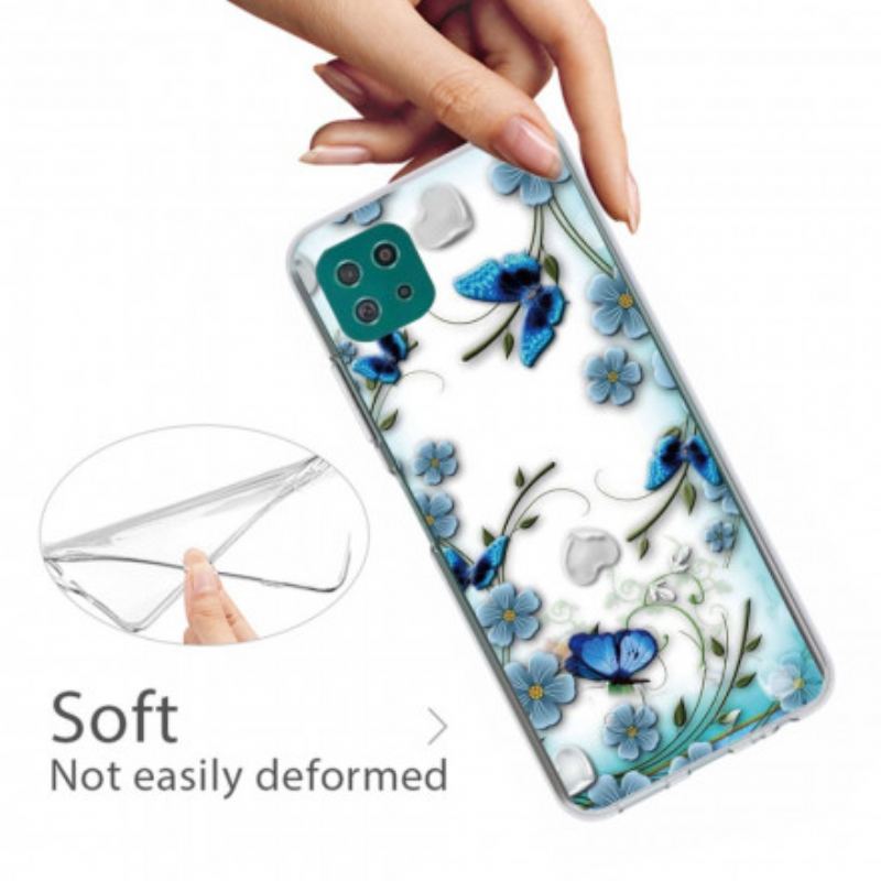 Coque Samsung Galaxy A22 5G Transparente Papillons et Fleurs Rétros