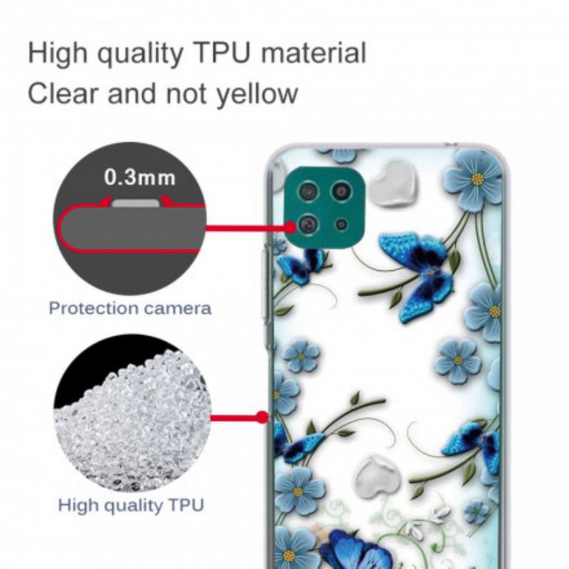 Coque Samsung Galaxy A22 5G Transparente Papillons et Fleurs Rétros